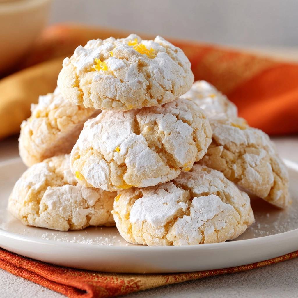 Zitronen-Crinkle-Cookies, gestapelt auf einem Teller und mit Puderzucker bestäubt, mit sichtbaren Zitronenzesten.