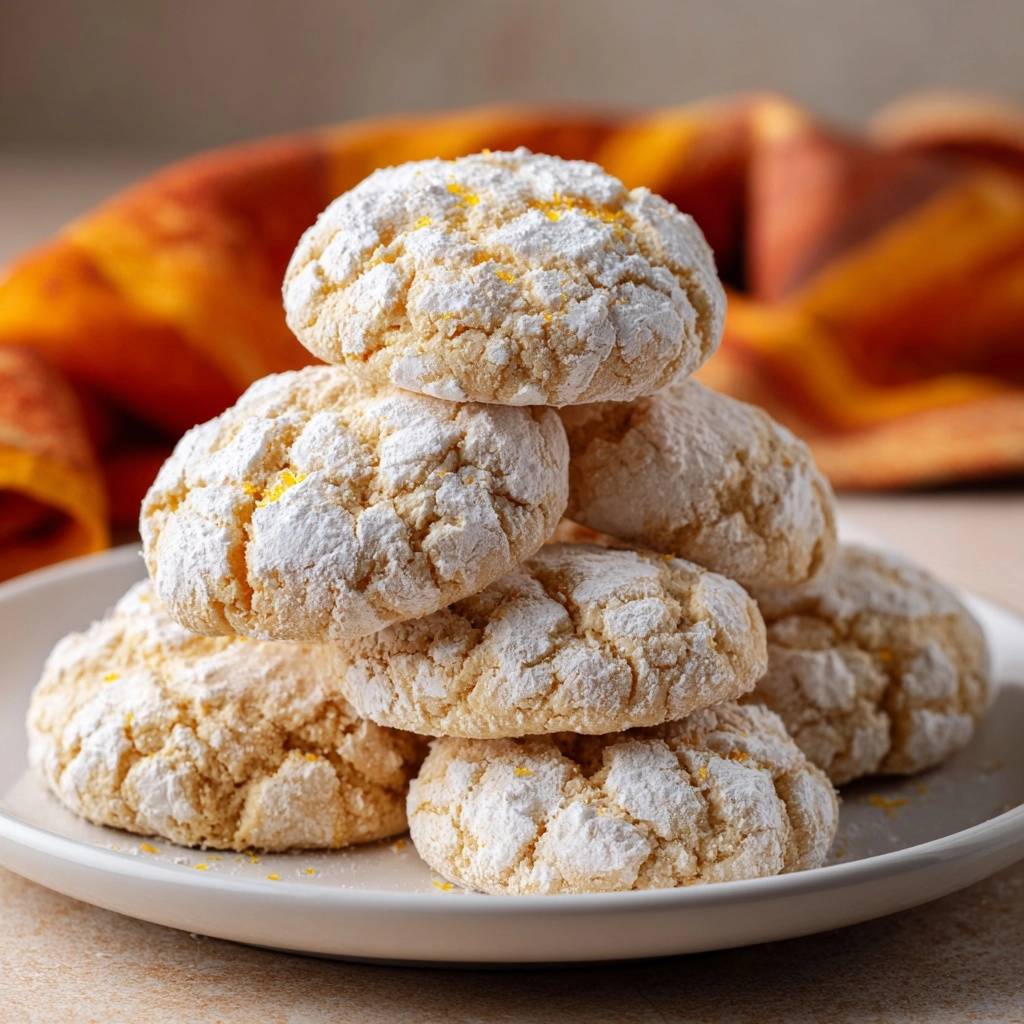 Zitronen-Crinkle-Cookies, ein gestapelter Haufen mit Puderzucker bestäubt und Zitronenschale garniert.