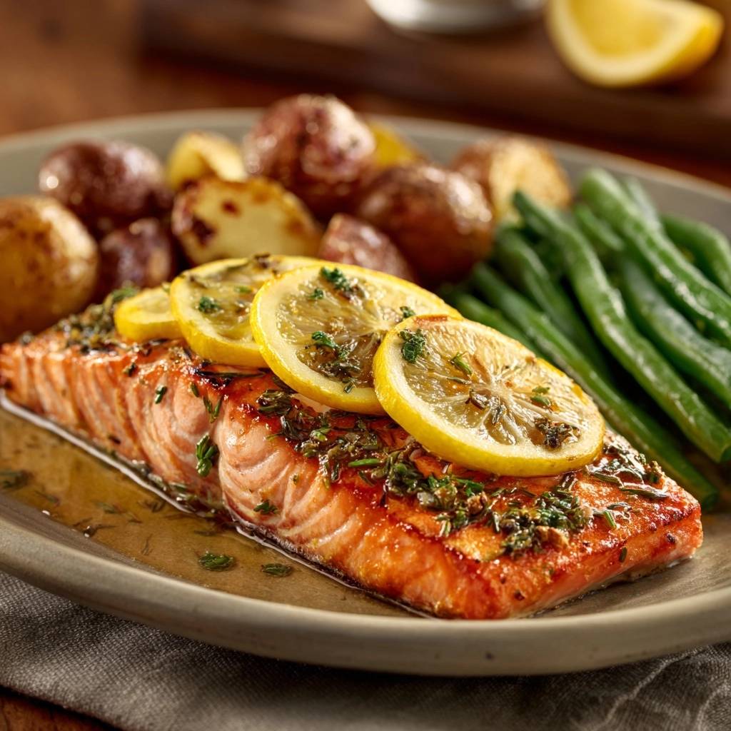 Saftiger Zitronen-Lachs mit Babykartoffeln und Bohnen, garniert mit frischen Zitronenscheiben und Kräutern.