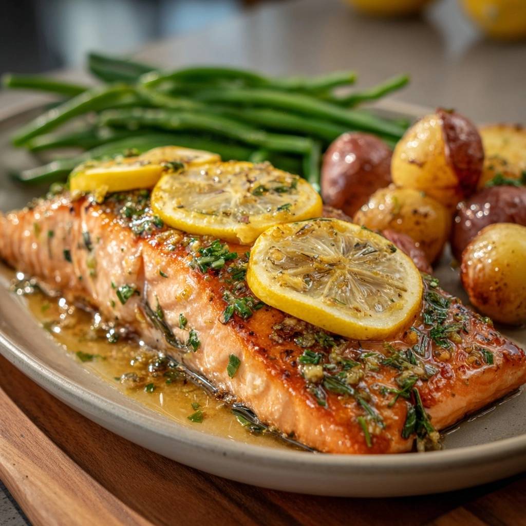 Saftiger Zitronen-Lachs mit Babykartoffeln und Bohnen, garniert mit Zitronenscheiben und frischen Kräutern.