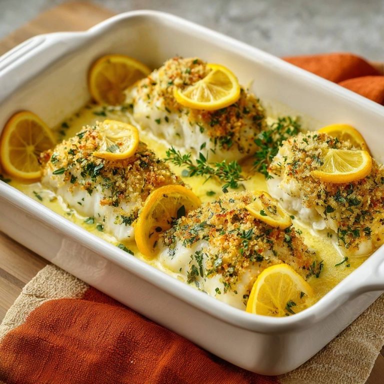 Zitronen-Thymian-Fischauflauf im weißen Auflauf serviert mit Zitronenscheiben und frischen Kräutern.