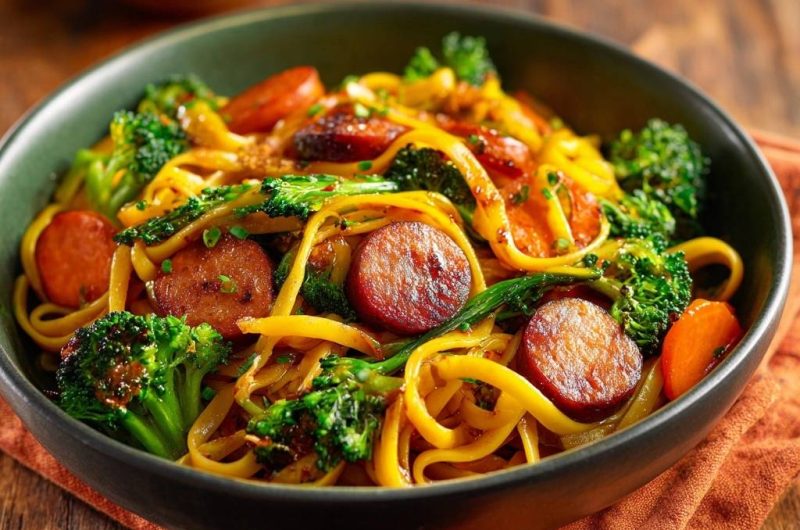 Asiatische Wurst-Brokkoli-Nudeln (Nie wieder matschige Nudeln)
