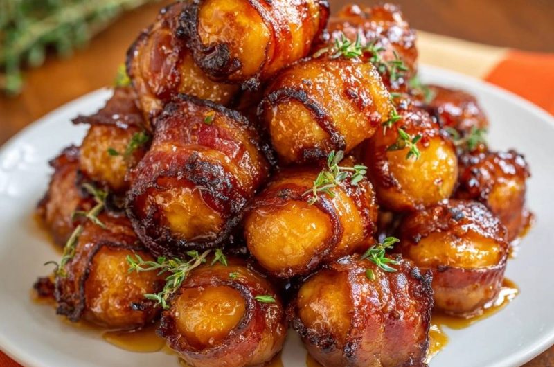 Bacon-gewickelte Süßkartoffeln mit Thymian-Glaze (Nie wieder matschiges Bacon!)