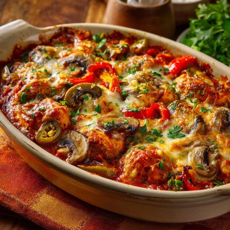Überbackener Hähnchenbällchen-Auflauf mit Paprika und Pilzen