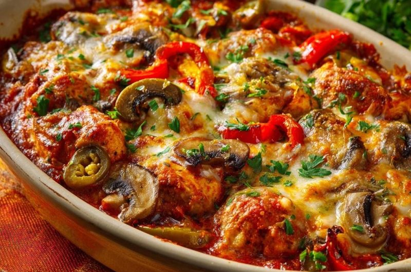 Überbackener Hähnchenbällchen-Auflauf mit Paprika und Pilzen