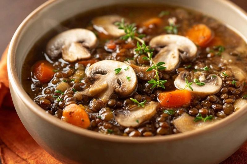 Cremige Linsensuppe mit Pilzen und Karotten