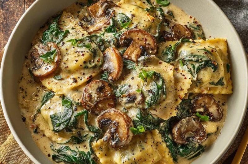 Cremige Ravioli mit Pilzen und Spinat (Keine wässrige Soße mehr)