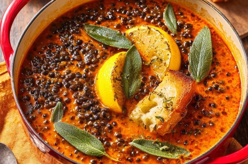 Cremige Schwarze Linsensuppe mit Salbei & Zitrone