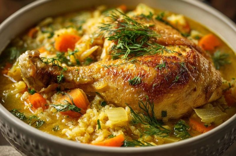 Cremiger Hähnchen-Dill-Eintopf mit Reis