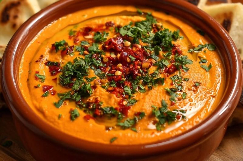 Cremiger Karotten-Hummus mit Pita