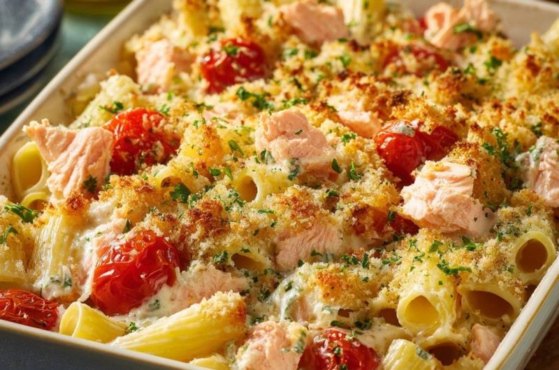 Cremiger Lachs-Rigatoni-Auflauf (Knusprige Kruste garantiert!)