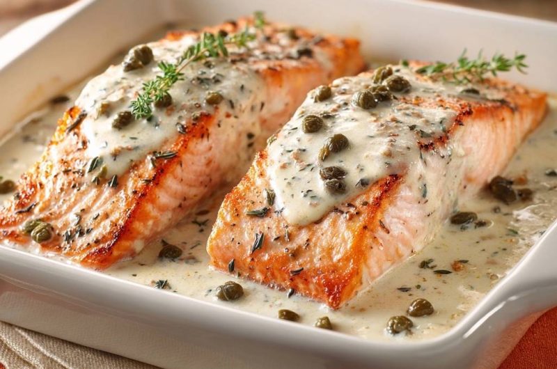 Cremiger Ofenlachs mit Kapern und Thymian