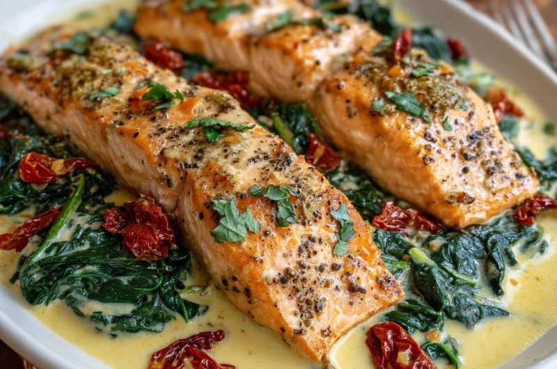 Cremiger Spinat-Lachs mit getrockneten Tomaten (Nie wieder trockener Lachs!)