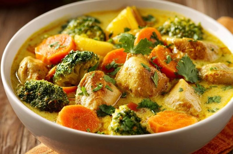 Cremiges Hühner-Curry mit Brokkoli, Karotten und Kartoffeln