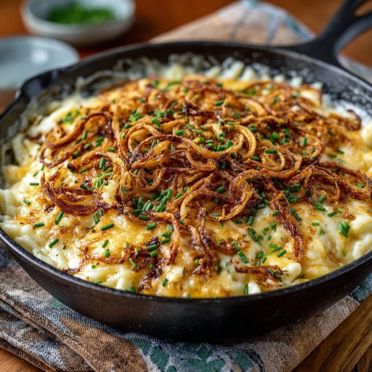 Cremiges Käsemakkaroni aus der Pfanne mit knusprigen Zwiebeln