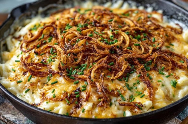 Cremiges Käsemakkaroni aus der Pfanne mit knusprigen Zwiebeln