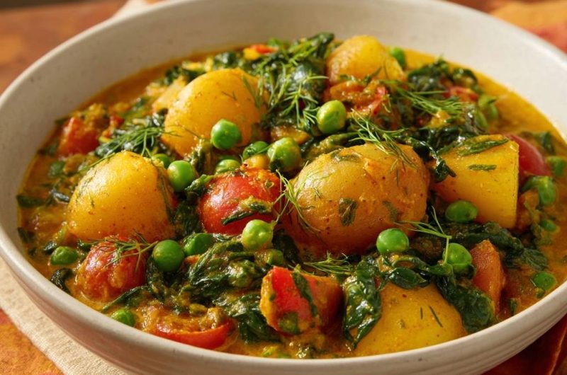 Cremiges Kartoffel-Spinat-Curry mit Erbsen und Dill (Nie wieder matschige Kartoffeln!)