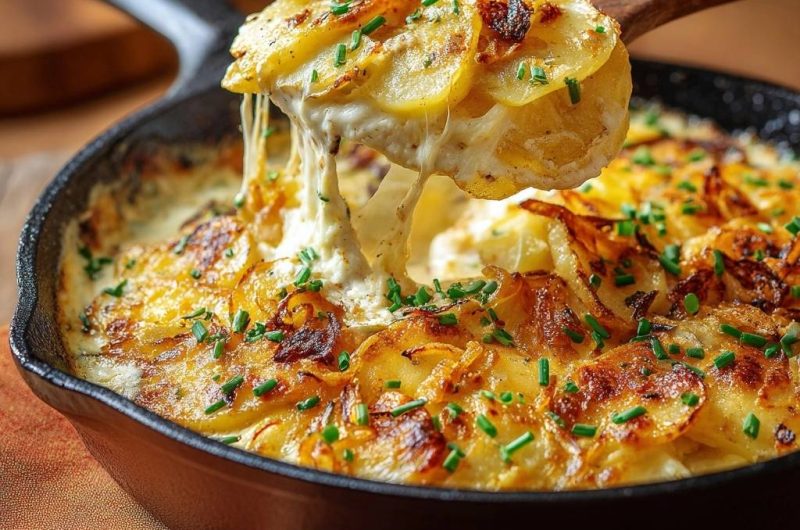Cremiges Pfannen-Kartoffelgratin mit Käse und Schnittlauch