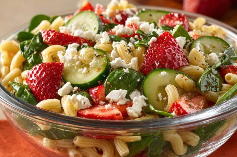 Erdbeer-Spinat-Pasta-Salat mit Gurke & Feta