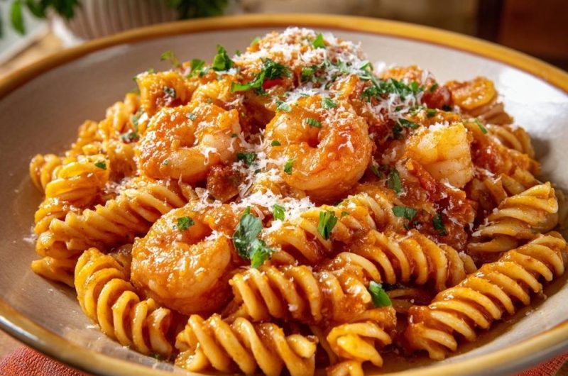 Fusilli mit Garnelen in Tomatensoße (Nie wieder zähe Garnelen!)