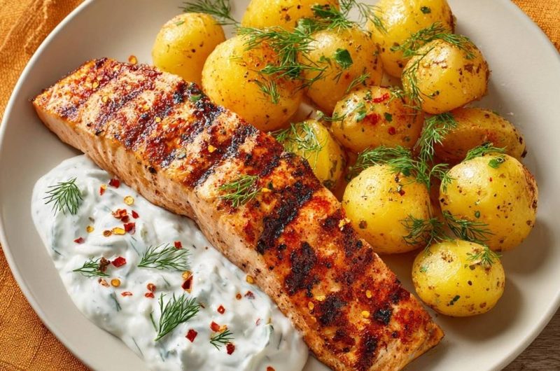 Gegrillter Lachs mit Dillkartoffeln und Chili-Dill-Creme