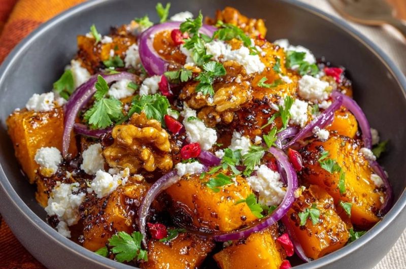 Gerösteter Kürbis mit Feta, Walnüssen & Granatapfel (Nie wieder matschiger Kürbis!)