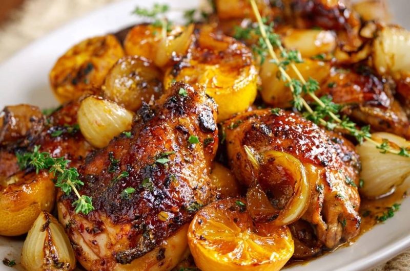 Glasierte Hähnchenschenkel mit Mandarinen und Thymian (Nie wieder trockenes Hähnchen!)