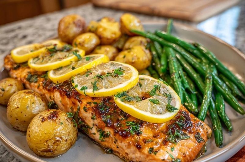Glasierter Zitronen-Lachs mit Babykartoffeln und grünen Bohnen