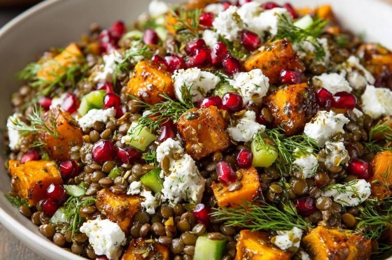 Herbstlicher Linsensalat mit Kürbis, Feta & Granatapfel