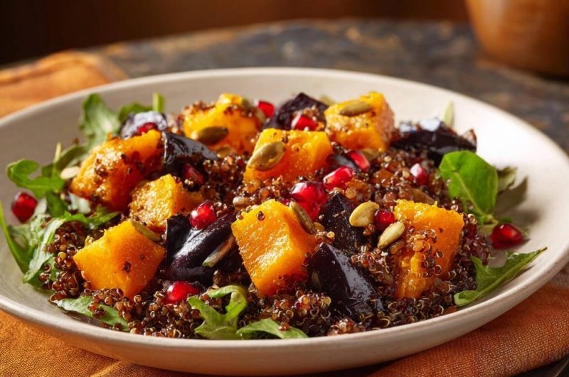 Herbstlicher Quinoa-Salat mit Kürbis, Aubergine & Granatapfel (Nie wieder matschiges Ofengemüse!)