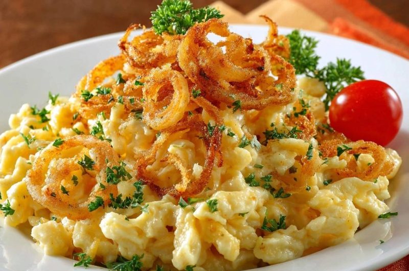 Käsespätzle mit knusprigen Zwiebelringen