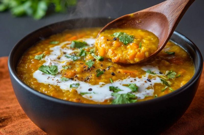 Karotten-Linsen-Dal mit cremigem Joghurt-Topping