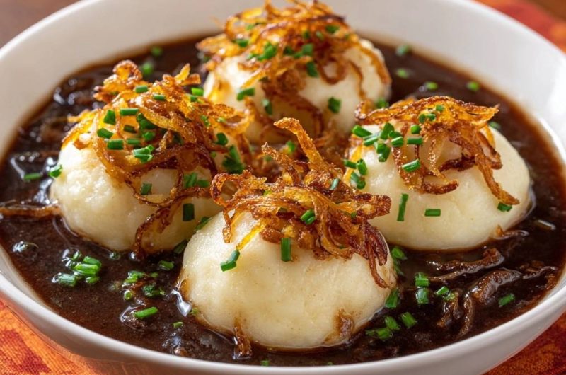 Kartoffelknödel in goldbrauner Zwiebelsoße