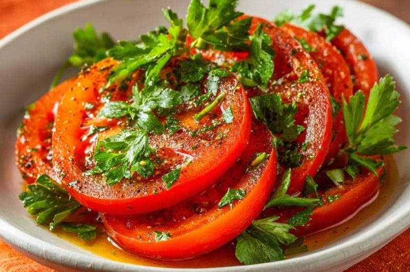 Knackige Tomatenscheiben mit Petersilie (Nie wieder wässrige Tomaten!)