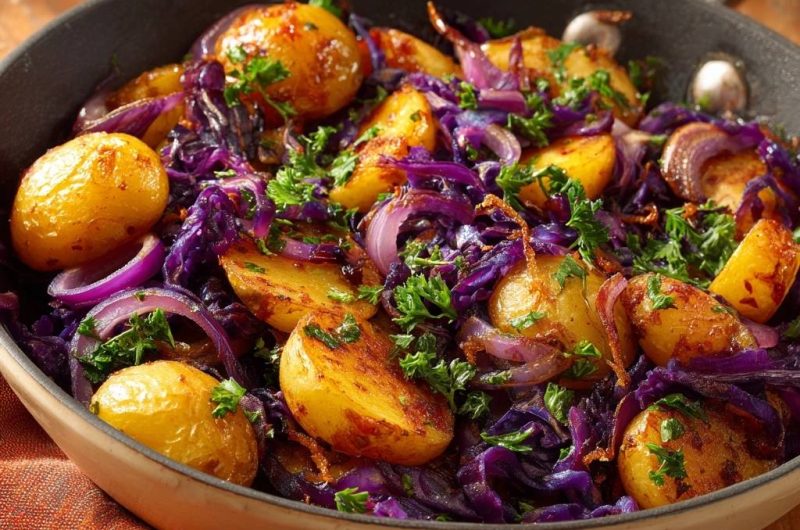 Knusprige Babykartoffeln mit Rotkohl
