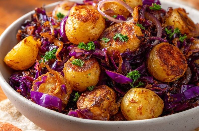 Knusprige Babykartoffeln mit Rotkohl und Zwiebeln