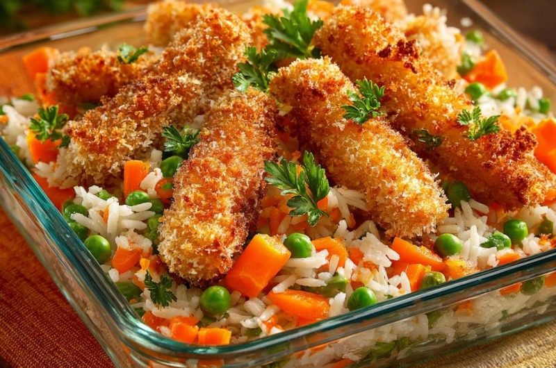 Knusprige Fischsticks mit Erbsen-Karotten-Reis