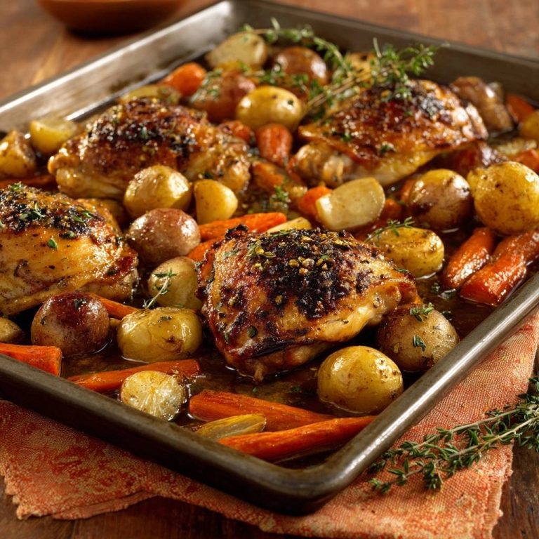 Knusprige Hähnchenschenkel mit Ofengemüse – Rezept