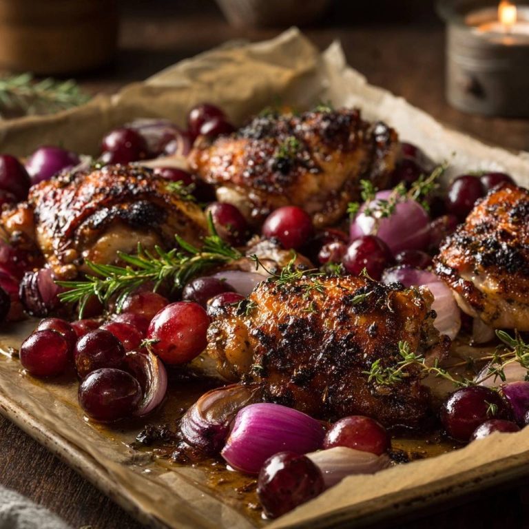 Knusprige Hähnchenschenkel mit Trauben und Rosmarin