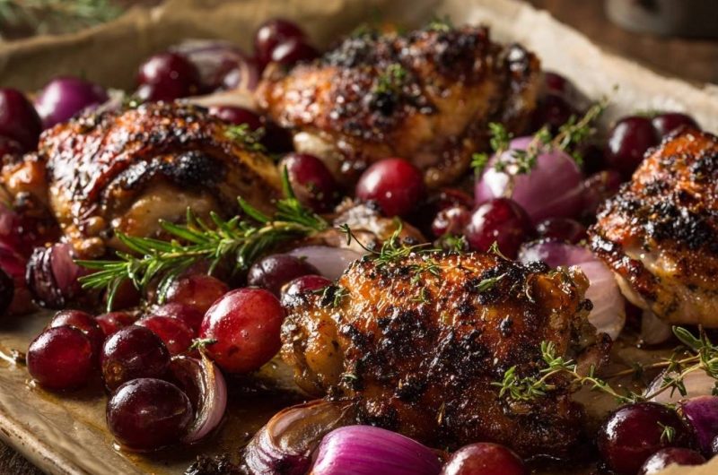 Knusprige Hähnchenschenkel mit Trauben und Rosmarin
