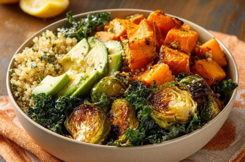 Knusprige Rosenkohl-Süßkartoffel-Power-Bowl (Nie wieder matschiger Rosenkohl!)