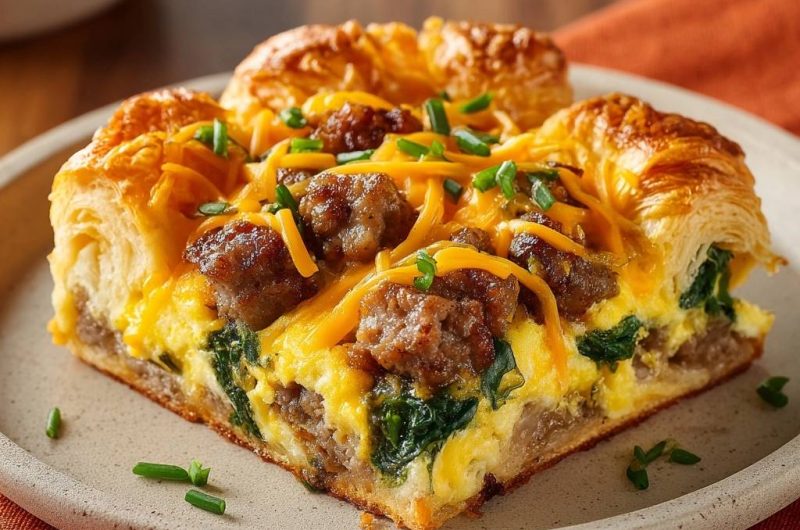 Knuspriger Croissant-Auflauf mit Wurst, Spinat & Cheddar (Nie wieder wässriger Spinat!)