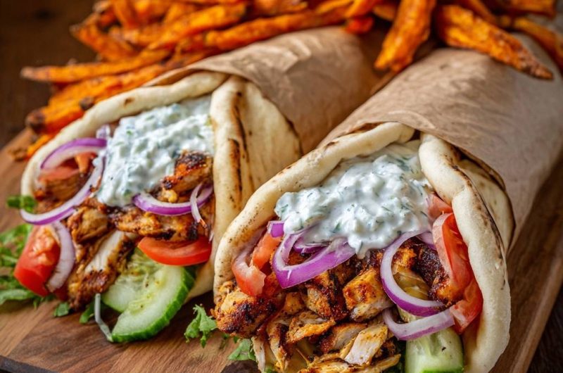 Knuspriger Hähnchen-Gyros-Wrap mit Süßkartoffel-Fries