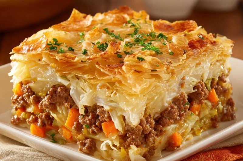 Knuspriger Kraut-Hack-Filo-Auflauf