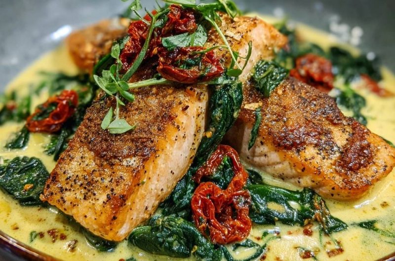 Knuspriger Lachs in Spinat-Curry mit Tomaten