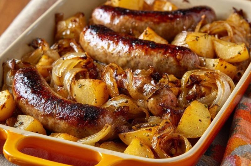 Knuspriger Ofen-Bratwurst-Auflauf mit Kartoffeln