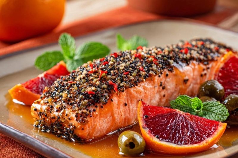 Knuspriger Sesam-Lachs mit Blutorangen-Glaze