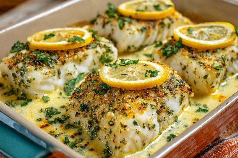 Knuspriger Zitronen-Kabeljau mit Kräutersahne (Nie wieder trockener Fisch!)