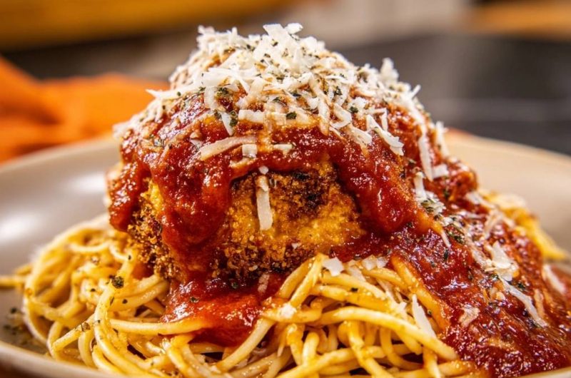 Knuspriges Hähnchen auf Spaghetti