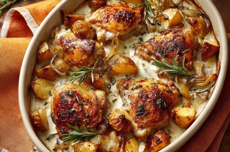 Knuspriges Hähnchen mit Kartoffeln und Rosmarin-Sahne